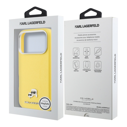 Karl Lagerfeld для iPhone 17 Pro Max чехол PU Saffiano FW NFT Karl&Choupette metal&Cam Hard Yellow (MagSafe)