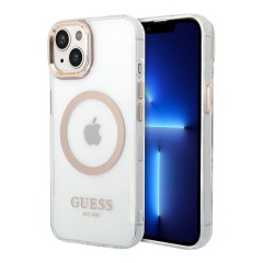 Чехол Guess Metal outline Hard для iPhone 14, прозрачный/золотой (MagSafe)