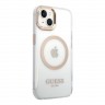 Чехол Guess Metal outline Hard для iPhone 14, прозрачный/золотой (MagSafe)