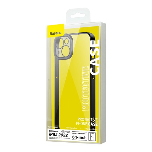 Чехол Baseus Glitter Case PC +Tempered glass для iPhone 14, черная рамка