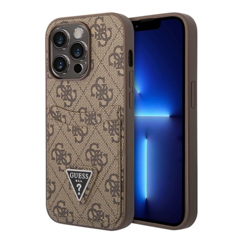 Чехол Guess PU 4G Double cardslot w Metal triangle logo Hard для iPhone 14 Pro, коричневый