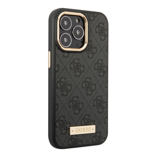Чехол Guess PU 4G Plate metal logo Hard для iPhone 14 Pro, серый (Magsafe)