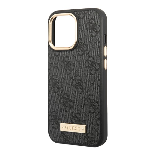 Чехол Guess PU 4G Plate metal logo Hard для iPhone 14 Pro, серый (Magsafe)
