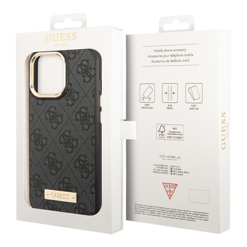 Чехол Guess PU 4G Plate metal logo Hard для iPhone 14 Pro, серый (Magsafe)