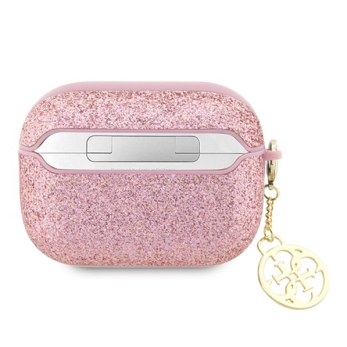 Чехол Guess Glitter flakes Metal logo with Heart charm для Airpods Pro 2, розовый