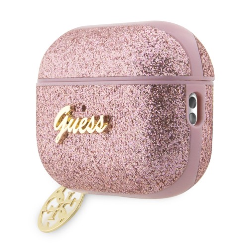Чехол Guess Glitter flakes Metal logo with Heart charm для Airpods Pro 2, розовый