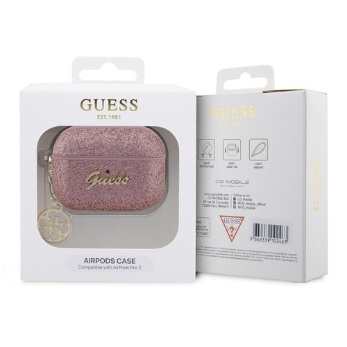 Чехол Guess Glitter flakes Metal logo with Heart charm для Airpods Pro 2, розовый