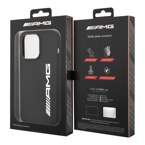 Чехол AMG Liquid silicone Big white logo Hard для iPhone 14 Pro Max, черный (MagSafe)
