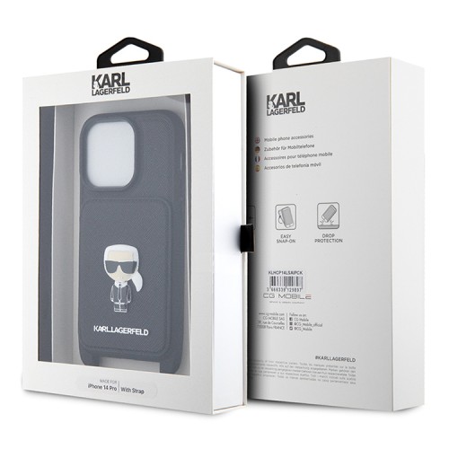 Чехол Lagerfeld Crossbody cardslot PU Saffiano Ikonik metal Hard для iPhone 14 Pro, черный