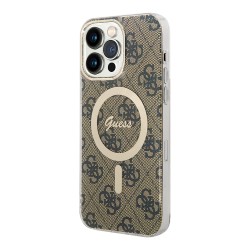 Чехол Guess 4G Hard для iPhone 14 Pro, коричневый/золотой (MagSafe)