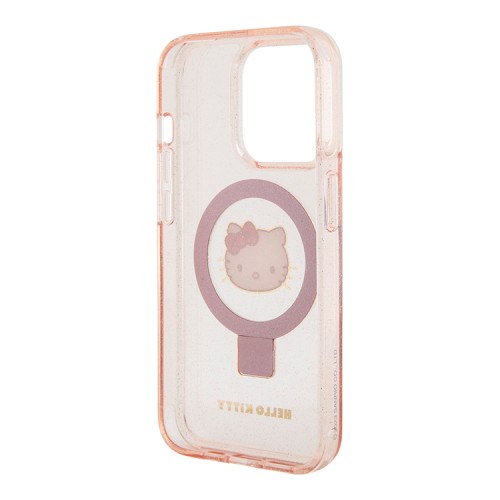 Hello Kitty для iPhone 15 Pro Max чехол PC/TPU Kitty Head + Ring Stand Hard Glitter Pink (MagSafe)