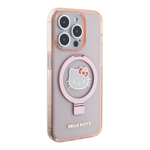 Hello Kitty для iPhone 15 Pro Max чехол PC/TPU Kitty Head + Ring Stand Hard Glitter Pink (MagSafe)
