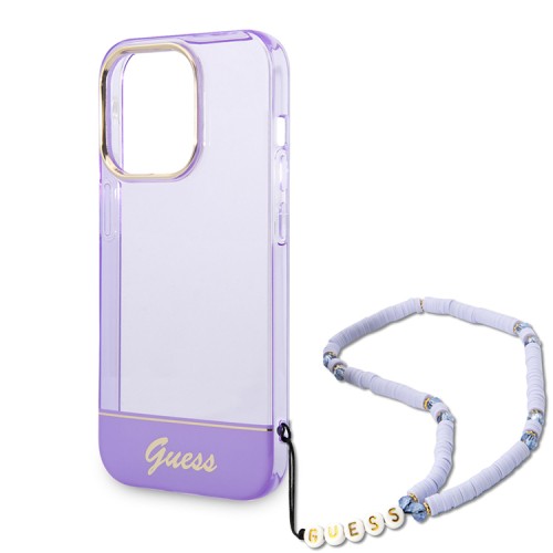 Guess для iPhone 14 Pro Max чехол PC/TPU Translucent Electoplated camera Hard +hand Strap Purple