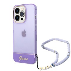 Guess для iPhone 14 Pro Max чехол PC/TPU Translucent Electoplated camera Hard +hand Strap Purple
