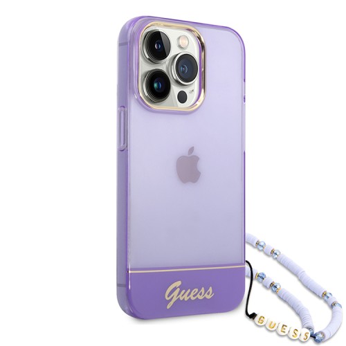 Guess для iPhone 14 Pro Max чехол PC/TPU Translucent Electoplated camera Hard +hand Strap Purple