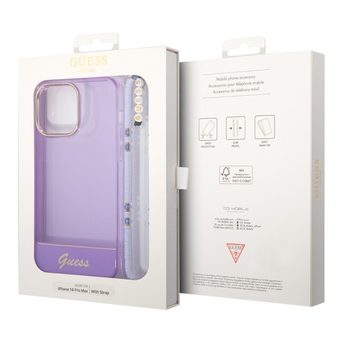 Guess для iPhone 14 Pro Max чехол PC/TPU Translucent Electoplated camera Hard +hand Strap Purple