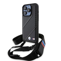 BMW для iPhone 15 Pro чехол Crossbody PU Carbon stripe Metal logo + Strap Hard Black