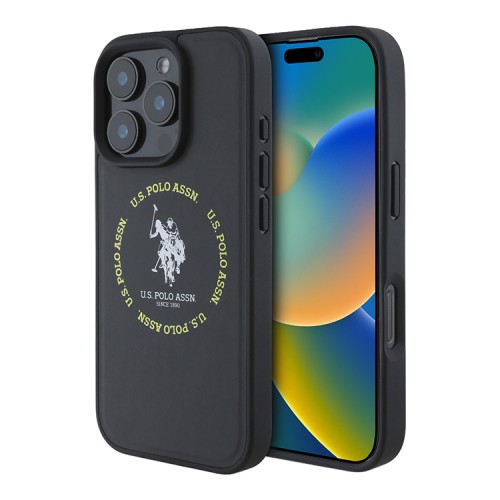 U.S. Polo для iPhone 16 Pro Max чехол PU Round Double horse logo Black (MagSafe)