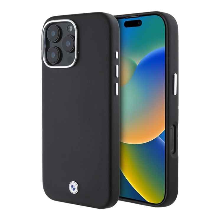 BMW для iPhone 16 Pro Max чехол Signature PU Full Wrapped Metal logo & Camera Hard Black (MagSafe)