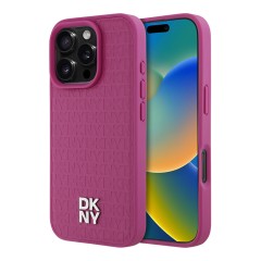 DKNY для iPhone 16 Pro чехол PU Repeat Stack metal logo Hard Pink (MagSafe)