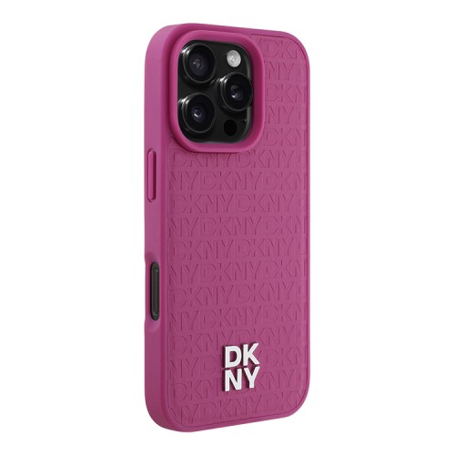 DKNY для iPhone 16 Pro чехол PU Repeat Stack metal logo Hard Pink (MagSafe)