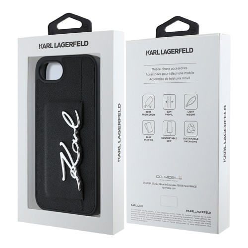 Karl Lagerfeld для iPhone 16e чехол Cardslot PU Grained leather Metal Signature Hard Black