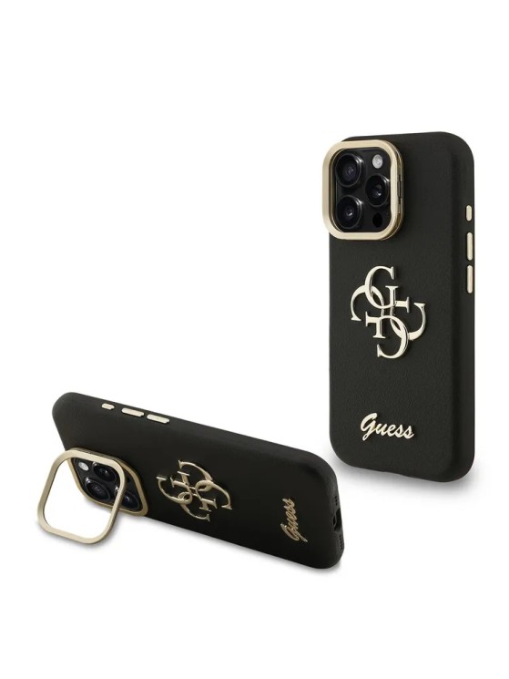 Guess для iPhone 15 Pro Max чехол PU Grained leather 4G Big metal logo and Camera Stand Hard Black
