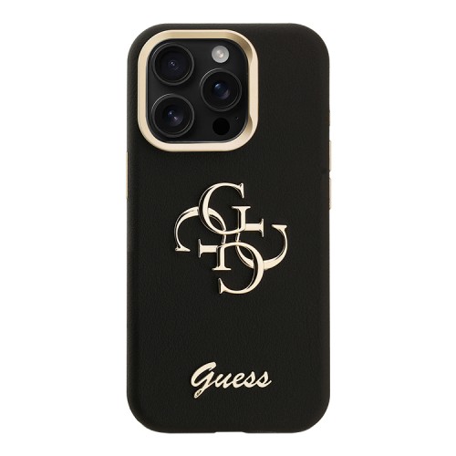 Guess для iPhone 15 Pro Max чехол PU Grained leather 4G Big metal logo and Camera Stand Hard Black