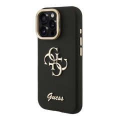 Guess для iPhone 15 Pro Max чехол PU Grained leather 4G Big metal logo and Camera Stand Hard Black