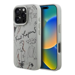 Karl Lagerfeld для iPhone 16 Pro чехол PU Grained leather Sketch with Metal logo Grey (MagSafe)