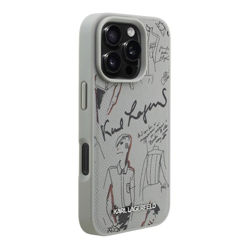 Karl Lagerfeld для iPhone 16 Pro чехол PU Grained leather Sketch with Metal logo Grey (MagSafe)