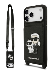 Karl Lagerfeld для iPhone 17 Pro чехол Crossbody cardslot PU Saffiano NFT Karl&amp;Choupette Hard Black