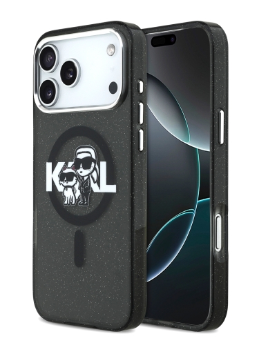 Karl Lagerfeld для iPhone 17 Pro Max чехол IML Sketch Karl&Choupette Metal cam Hard Glitter Black (MagSafe)