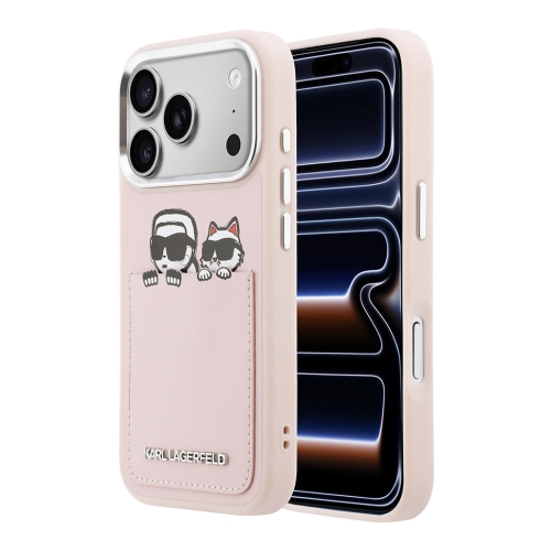 Karl Lagerfeld для iPhone 17 Pro чехол PU Smooth Sketch Karl&Choupette Metal Cam with Cardslot Pink