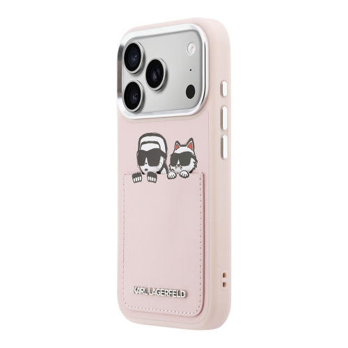 Karl Lagerfeld для iPhone 17 Pro чехол PU Smooth Sketch Karl&Choupette Metal Cam with Cardslot Pink