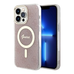 Чехол Guess 4G Hard для iPhone 14 Pro, розовый/золотой (MagSafe)