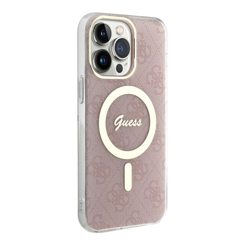 Чехол Guess 4G Hard для iPhone 14 Pro, розовый/золотой (MagSafe)