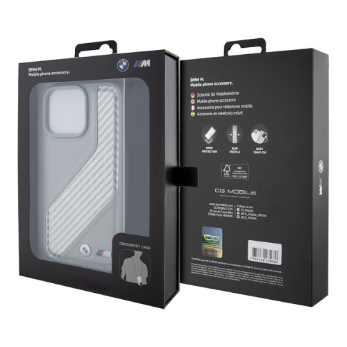 BMW для iPhone 15 Pro чехол Crossbody PU Carbon stripe Metal logo + Strap Hard Grey