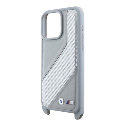 BMW для iPhone 15 Pro чехол Crossbody PU Carbon stripe Metal logo + Strap Hard Grey