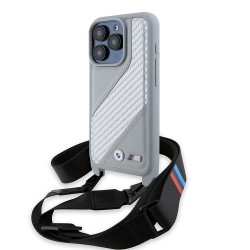 BMW для iPhone 15 Pro чехол Crossbody PU Carbon stripe Metal logo + Strap Hard Grey