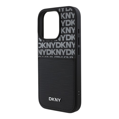 DKNY для iPhone 16 Pro чехол PU Repeat texture with Cardslot Metal logo Hard Black