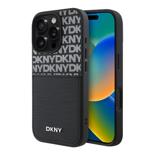 DKNY для iPhone 16 Pro чехол PU Repeat texture with Cardslot Metal logo Hard Black