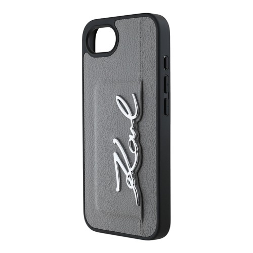Karl Lagerfeld для iPhone 16e чехол Cardslot PU Grained leather Metal Signature Hard Silver