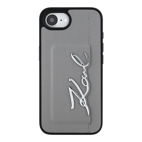 Karl Lagerfeld для iPhone 16e чехол Cardslot PU Grained leather Metal Signature Hard Silver