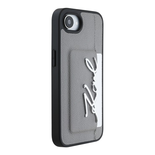 Karl Lagerfeld для iPhone 16e чехол Cardslot PU Grained leather Metal Signature Hard Silver
