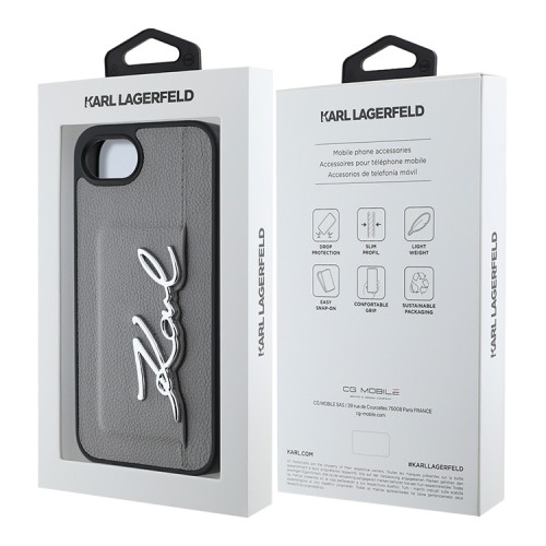 Karl Lagerfeld для iPhone 16e чехол Cardslot PU Grained leather Metal Signature Hard Silver