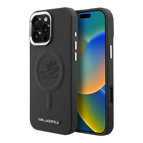 Karl Lagerfeld для iPhone 16 Pro чехол PU Initials & Metal logo Hard Black (MagSafe)