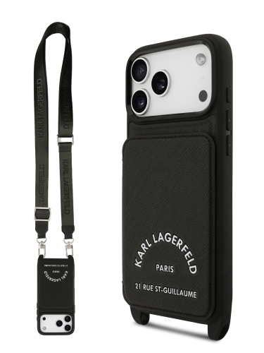 Karl Lagerfeld для iPhone 17 Pro чехол Crossbody cardslot PU Saffiano RSG Hard Black