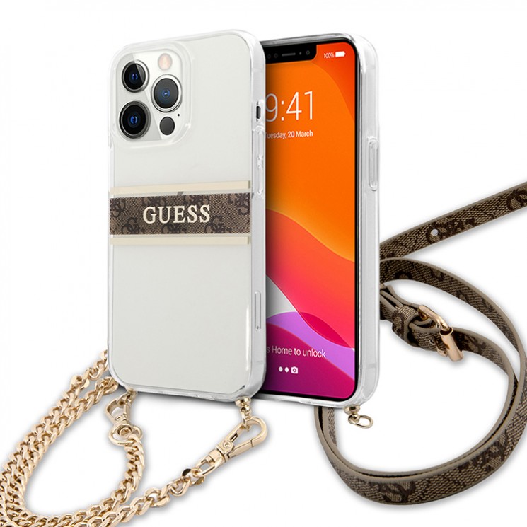 Чехол Guess 4G Stripe Hard Transparent +Gold crossbody chain для iPhone 13 Pro Max