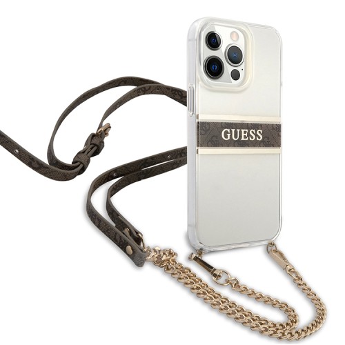 Чехол Guess 4G Stripe Hard Transparent +Gold crossbody chain для iPhone 13 Pro Max